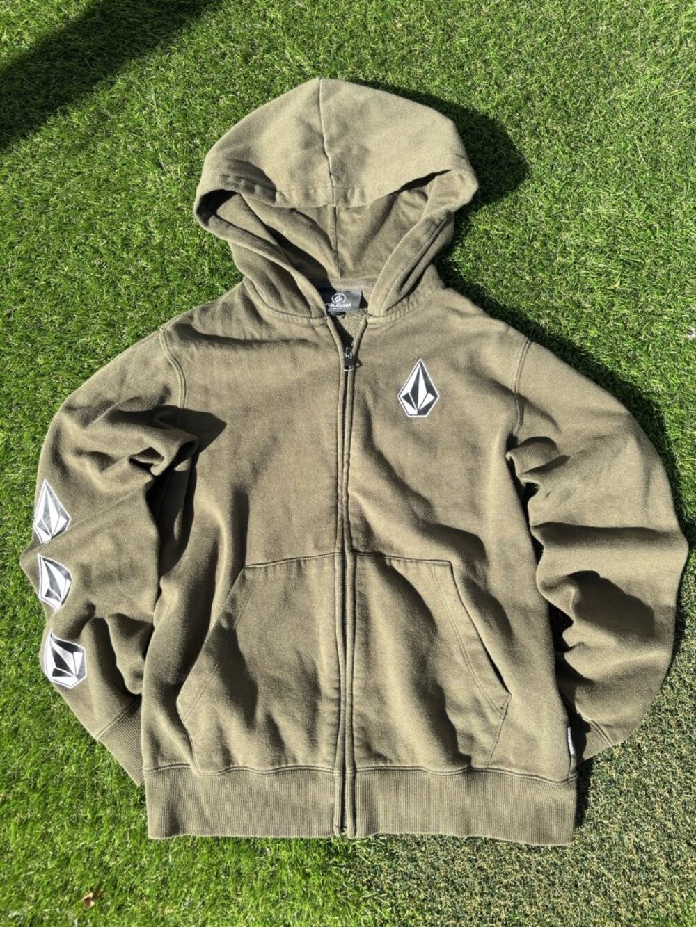 Volcom Olive Green Full Zip Hoodie Stone Logo Sleeve Print Youth L